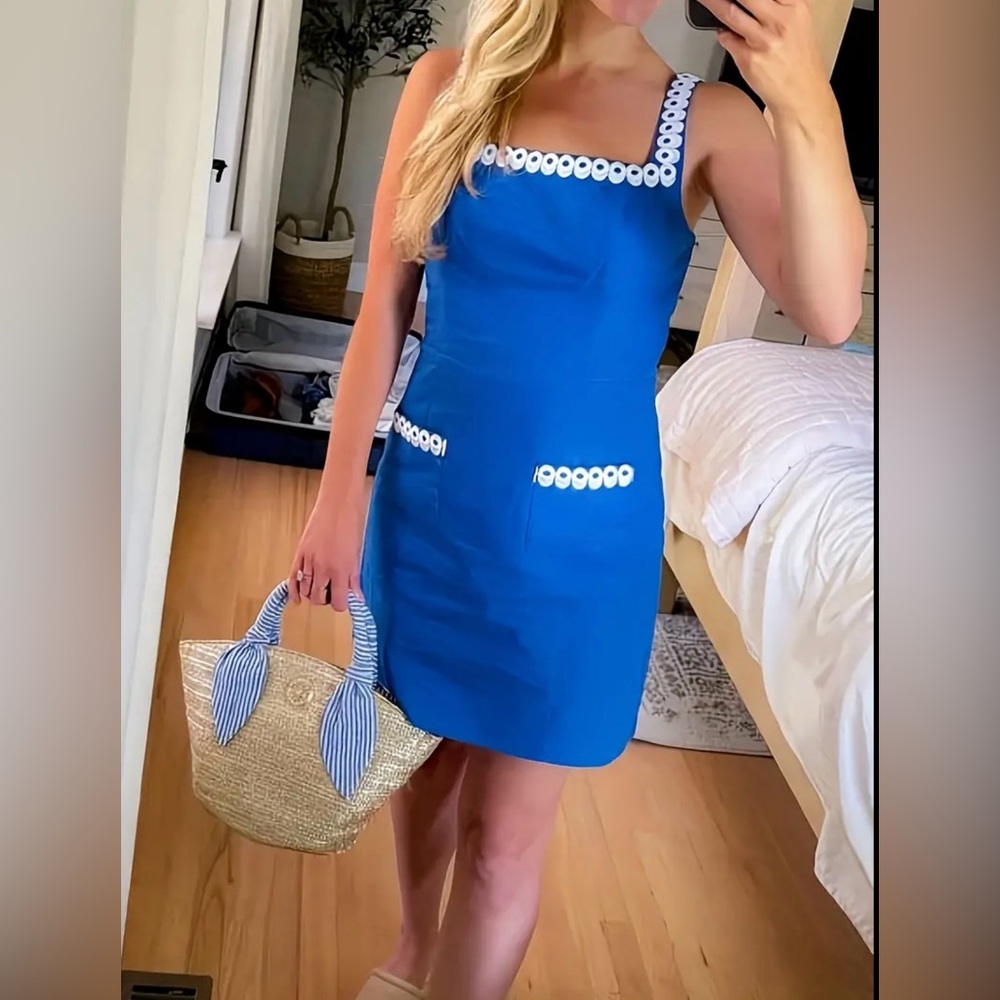 Palm Springs Blue Dress with White Accents Isleen Skirted Romper in Barton Blue